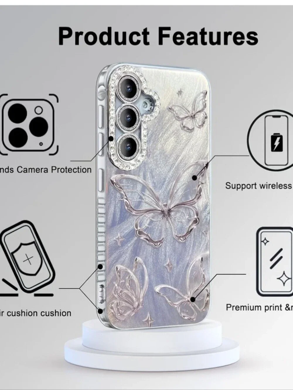 Butterfly Glitter Phone Case - for Samsung 25+  Silver Butterflies